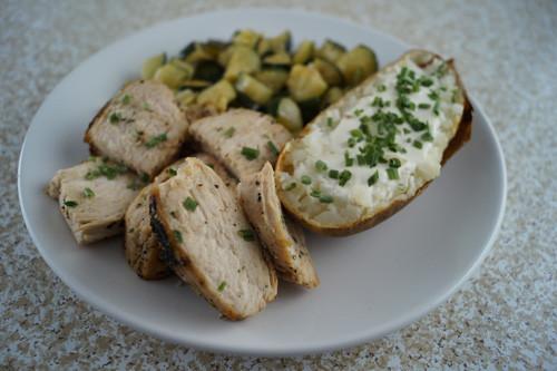 Pan-Fried Chicken with Sauteed Zucchini & Baked Tater