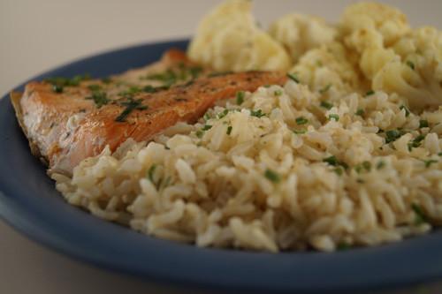 Pan-Cooked Salmon with Sauteed Cauliflower & Rice