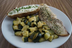 Pan-Cooked Cod, Sauteed Zucchini & Baked Potato