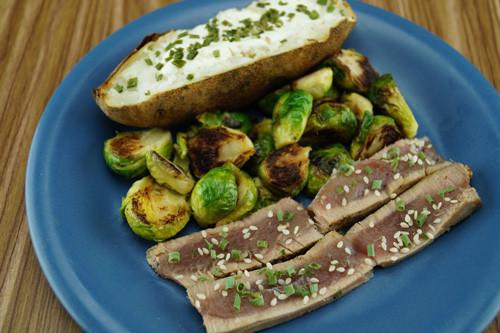 Pan-Seared Ahi with Brussels Sprouts & Baked Potato