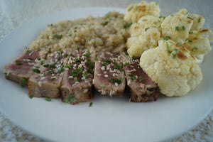 Seared Ahi with Garlic-Lemon Cauliflower & Quinoa