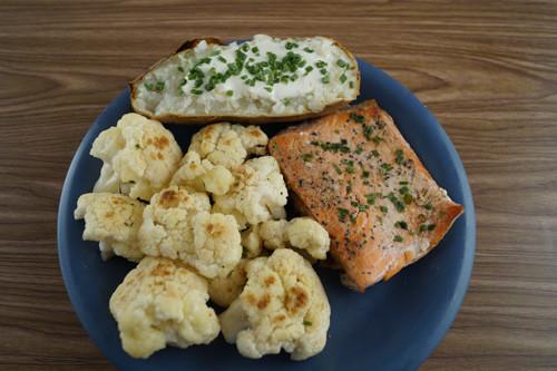 Pan-Seared Salmon with Sauteed Cauliflower & Baked Potato