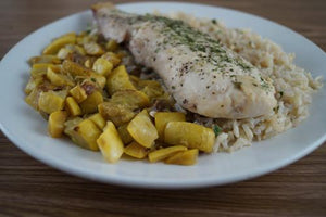 Pan-Fried Cod with Rice & Sauteed Squash