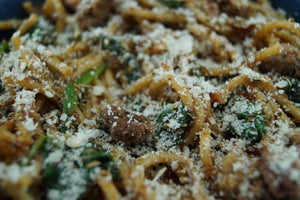 Grandma's Pasta Bowl with Ground Pork & Sauteed Spinach Skillit Cooking