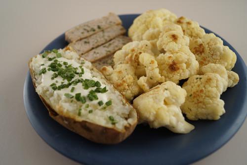 Pan-Fried Pork Chop with Baked Potato and Cauliflower