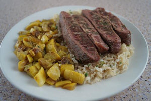 Easy-Peasy Seared Steak with Sauteed Squash & Rice