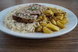 seared-ahi-tuna-with-sides-of-sauteed-squash-&-rice-skillit-simple-easy-recipes-dinner-skillet